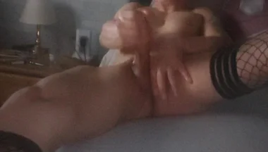 Perfect Cumshot After Solo Play with Big Cock in Fishnet Femboy Crossdresser