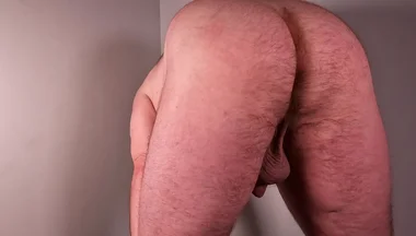 Bear Morning Stretch From Behind to Expose Big Balls, Cock and Asshole