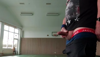 In a Public Sports Hall, I Masturbate My Thick, Veiny Foreskin Cock Until I Cum on the Floor.