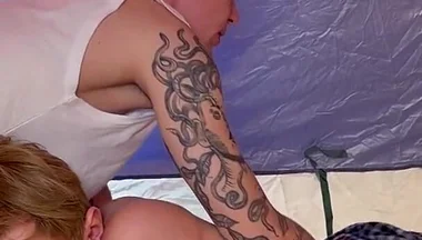 Tent Night: Quietly Licked Through Underwear, Pulled Cock Out and Sucked. Suddenly Woke up - and Fucked Till Creampie Inside.