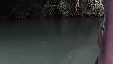 Jerking off in a Public River Untill I Drop a Massive Cumshot in My See Thru Leggings