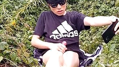 Cute French-asian Gay Twink Jerks Off His Shaved Cock Outside Cums Thick Cum Sticking To His Fingers