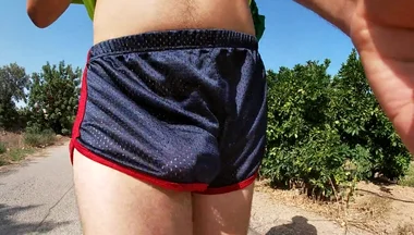 So Hot! Running with My Erect Cock Out Wearing Shiny See Thru Cock Sport Shorts