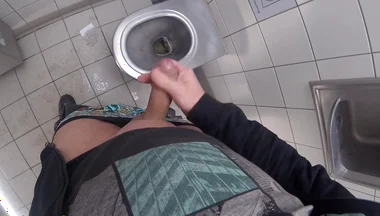 I Pee and Jerk off My Thick, Shaved Foreskin Cock Until I Cum a Large Load in a Motorway Toilet.