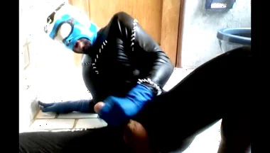 Blue Hornet in Spandex Catsuit Cums on Blue Latex Gloes and Mask