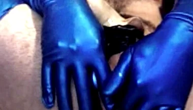 Latex Masked Sub in Stockings Fucks Its Ass with Huge Dildo