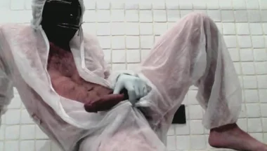 Masked Femboy in Suit Pees Itself and Cums