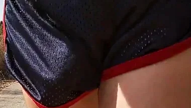 So Hot! Running with My Erect Cock Out Wearing Shiny See Thru Cock Sport Shorts