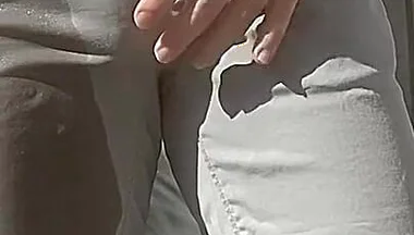 Jules Wets His Grey Pants and Exposes His Semi-hard Cock Through His Trousers