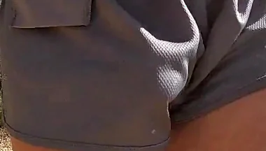 Fit Guy Walks in Short Shorts Without Underwear