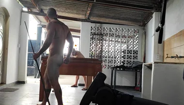 Camera Films Straight Players Playing Pool and Naked