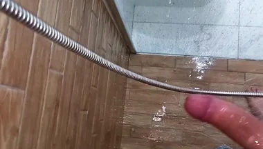 At My Stepmom's House. I Cummed in the Shower Showing My Big Cock - Very Risky Handjob