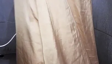 Long Gold Satin Dress Masturbation Cum
