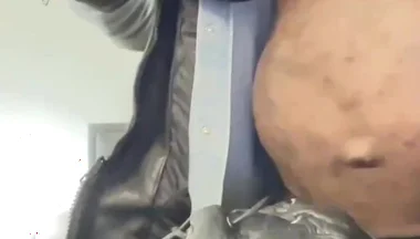 Interracial Leather Muscle Tit & Cock Play