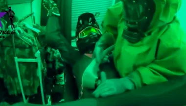 Hazmat gear boys fucking biker in sling
