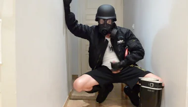 Gas masked guy cums on his rubber boots