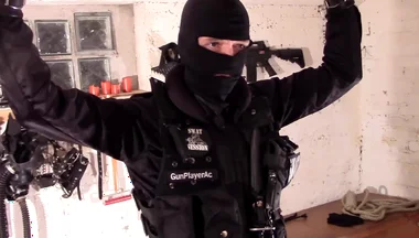 Swat cop cum load on alpha bomberjacket