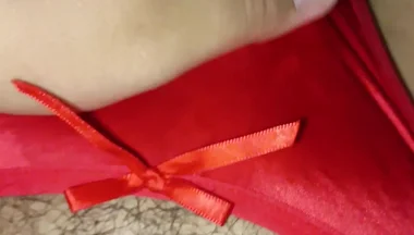 Wife's Sexy Red Thong Full of Cum!