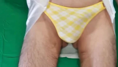 Yellow Plaid Thong and Satin White Nightgown