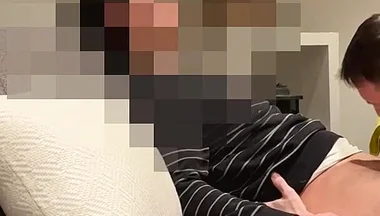 Straight Young Hairy Twink Cums After Edging and Getting Sucked on the Couch