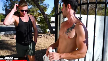 Poolside Package Delivery Turns Into Sweaty Flip-fuck With Tattooed Hunks With Nico Coopa, Trevor Harris And Ryder Owens
