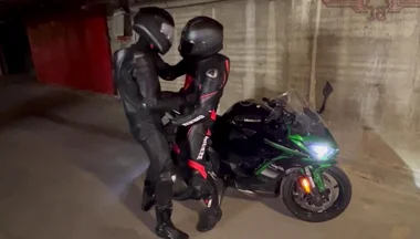 Biker gear gloved leather suit cuming