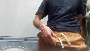 The Guy with the Huge Cock so Fat in His Pants, He Unloads It with 5 Jets of Semen in the Air