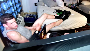 Jerk off with Feet on Bed with Socks Pulled to Calves as I Bust Grunting Hard in Chair