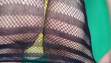 Yellow Plaid Thong and Fishnet Dress