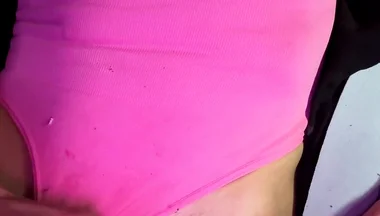 Crossdresser Michelle Wearing Pink Bodysuit While Playing with Cock