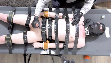 Rubber Twink Strapped Down and Made to Eat His Own Cum