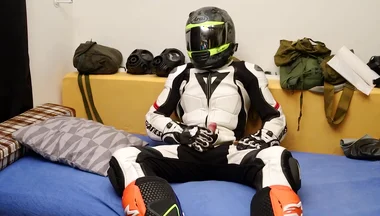 Leather biker cuming in gear