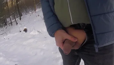 I Hike Through a Dreamy, Snowy Forest in Winter and Masturbate My Cock with a Ring Around It.