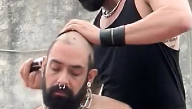 The Bearded Master Has a Hairy Pig Slave and Shaves Its Head.