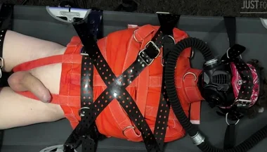 Bondage Twink Strapped to Campbed in Straitjacket and Gas Mask