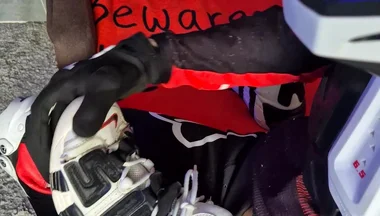 An Excited Guy in Motorcycle Gear Fucks His Sneakers