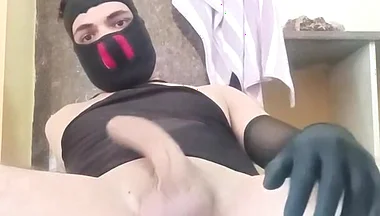 Sexy Boy Huge Cock Masturbation in Black Lingerie