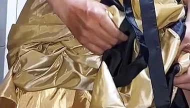 Gold Satin Silk Longdress Evening Gown Masturbation