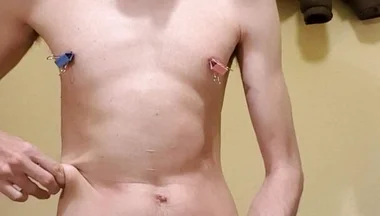 Eat your cum, slave! With binder clips