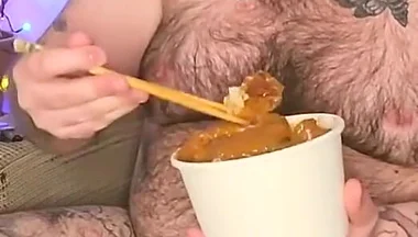 Stepdaddy Stuffs His Face with a Takeaway and Enjoys It so Much He Wanks with the Sauces!