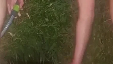 Clean Pressure Enema with Ass Lips and Pissing - Outdoor Garden Hose Anal