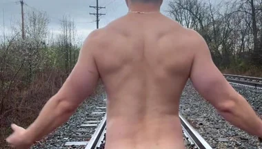 Rain-soaked Railroad Exhibition Muscular Asian Hunk Strips, Flexes, Cums Hard & Marks His Territory
