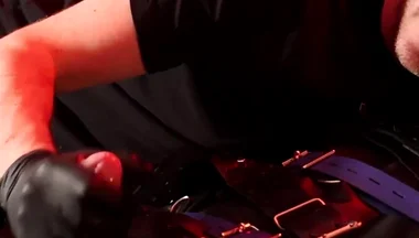 Edging the Boy in Leather Bondage but He Is Not Allowed to Orgasm