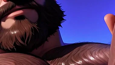 Thick Hairy Bear Stroking Himself Sensually. Man Bun and Massive Body