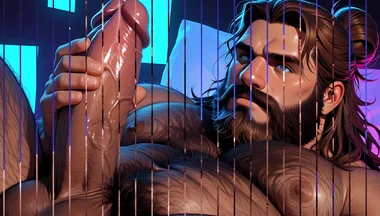 Thick Hairy Bear Stroking Himself Sensually. Man Bun and Massive Body
