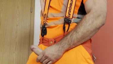 Lumberjack in Hivis Jerks His Huge Cock and Muscle Worship