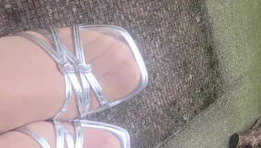 Outside with Silver Heels Cumming on Heels and Feet