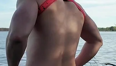 Asian Muscle God Strips Bare by the Lake - Ripped Physique on Full Display & Massive Load