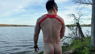 Asian Muscle God Strips Bare by the Lake - Ripped Physique on Full Display & Massive Load