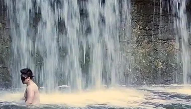 Muscular Asian Hunk Flexes in Speedo by Waterfall - Tight Ass & Hole Tease, Strips Naked & Explodes with Massive Cumshot